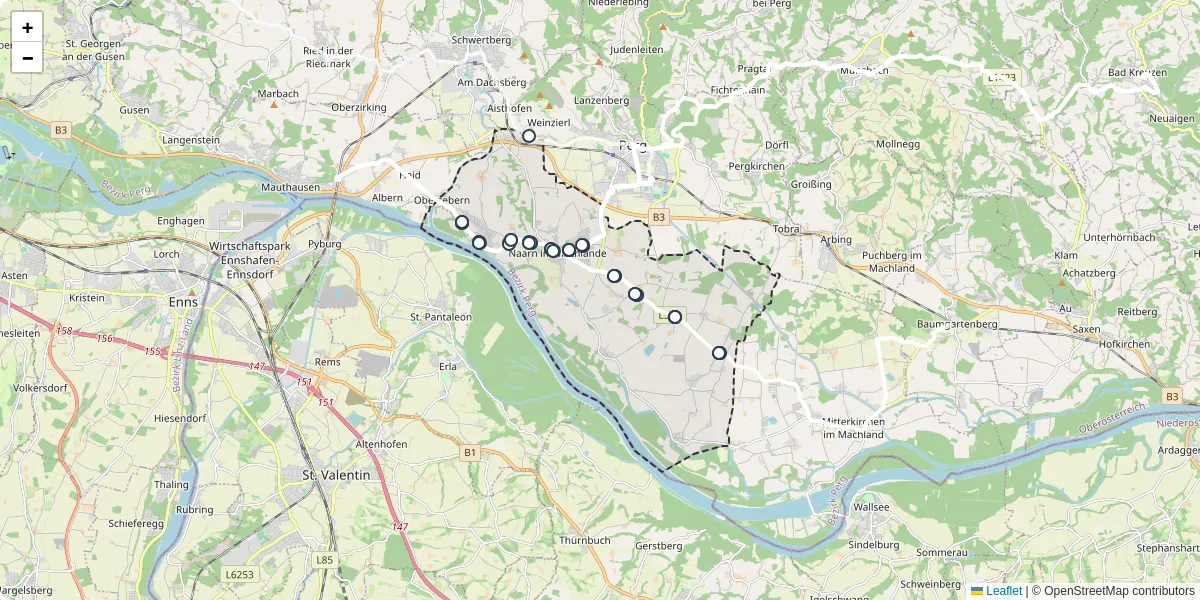 Nahverkehrsnetz in naarn-im-machlande, Österreich - Buslinien, Haltestellen und Verbindungen auf der Karte