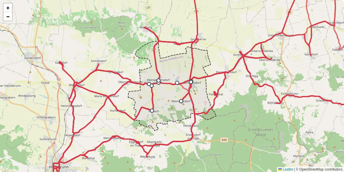 Nahverkehrsnetz in nappersdorf-kammersdorf, Österreich - Buslinien, Haltestellen und Verbindungen auf der Karte