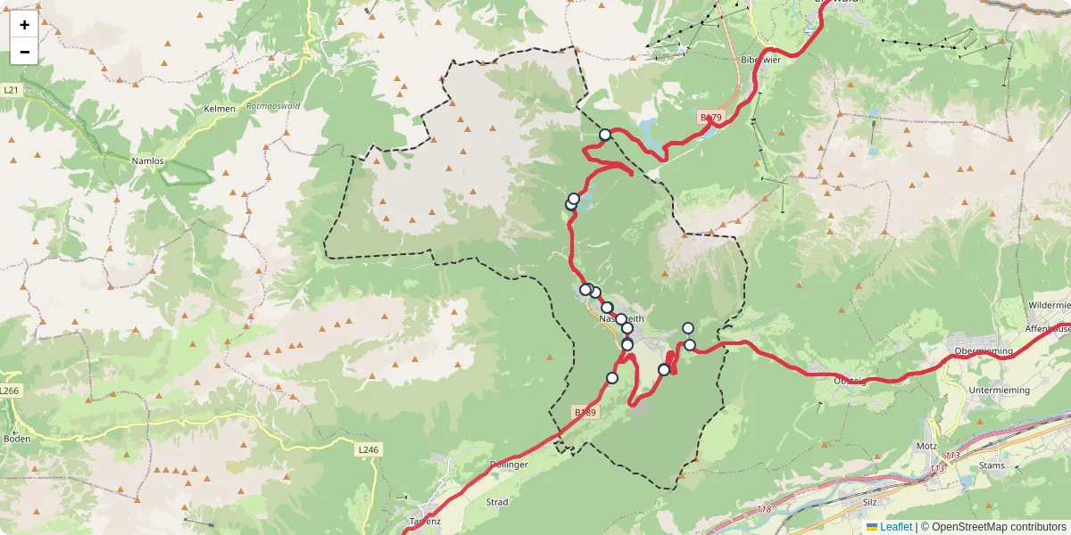 Nahverkehrsnetz in nassereith, Österreich - Buslinien, Haltestellen und Verbindungen auf der Karte