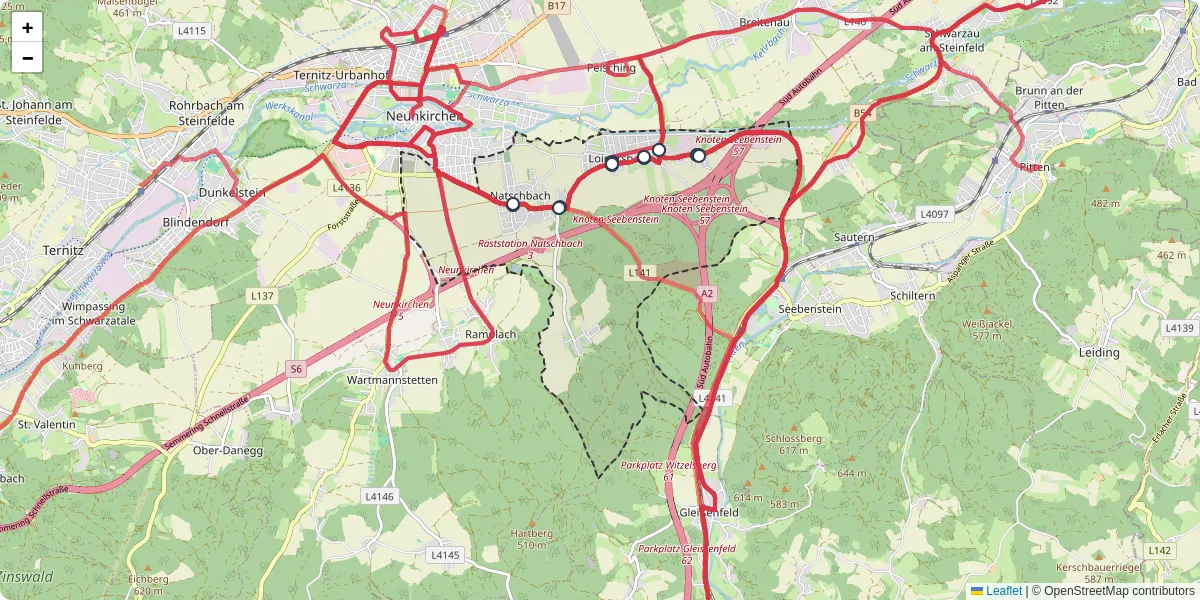 Nahverkehrsnetz in natschbach-loipersbach, Österreich - Buslinien, Haltestellen und Verbindungen auf der Karte