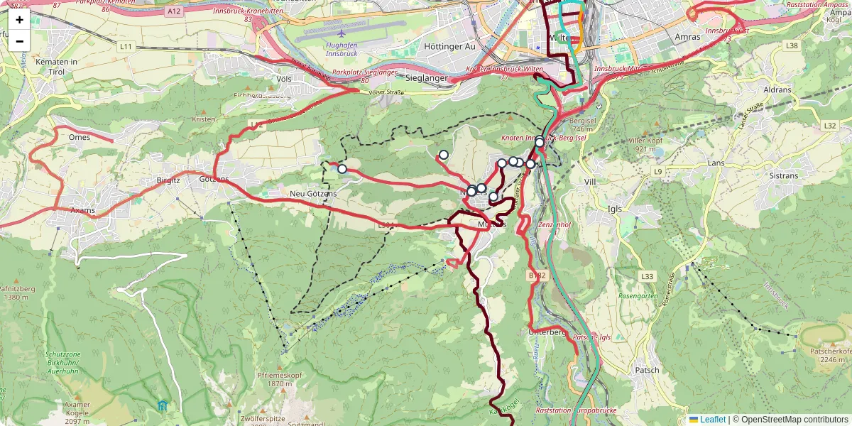 Nahverkehrsnetz in natters, Österreich - Buslinien, Haltestellen und Verbindungen auf der Karte