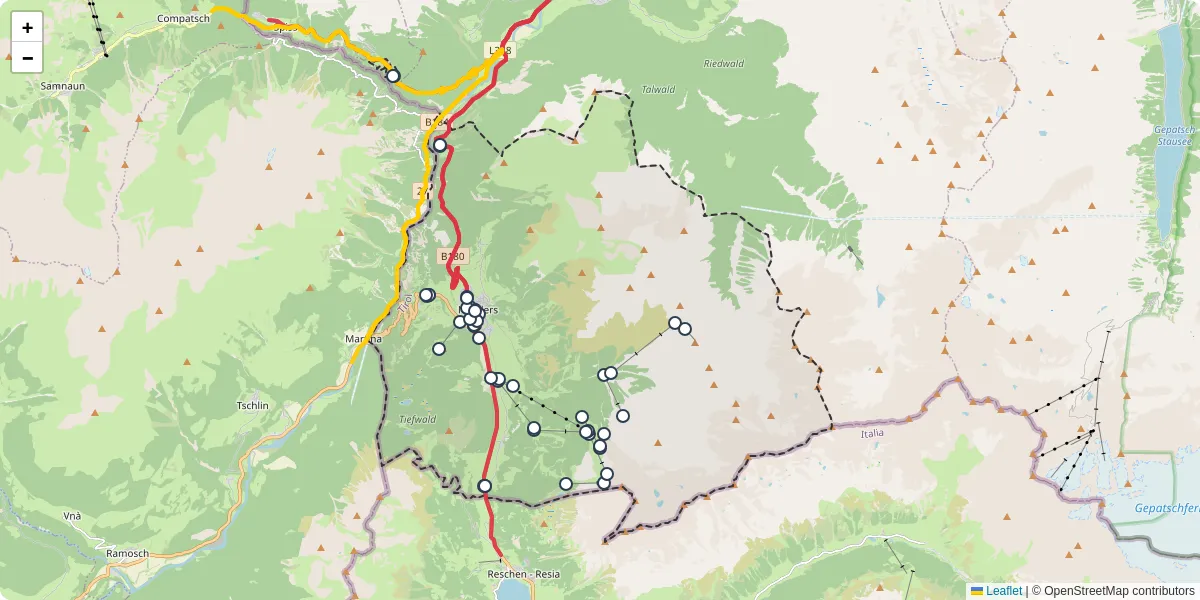 Nahverkehrsnetz in nauders, Österreich - Buslinien, Haltestellen und Verbindungen auf der Karte