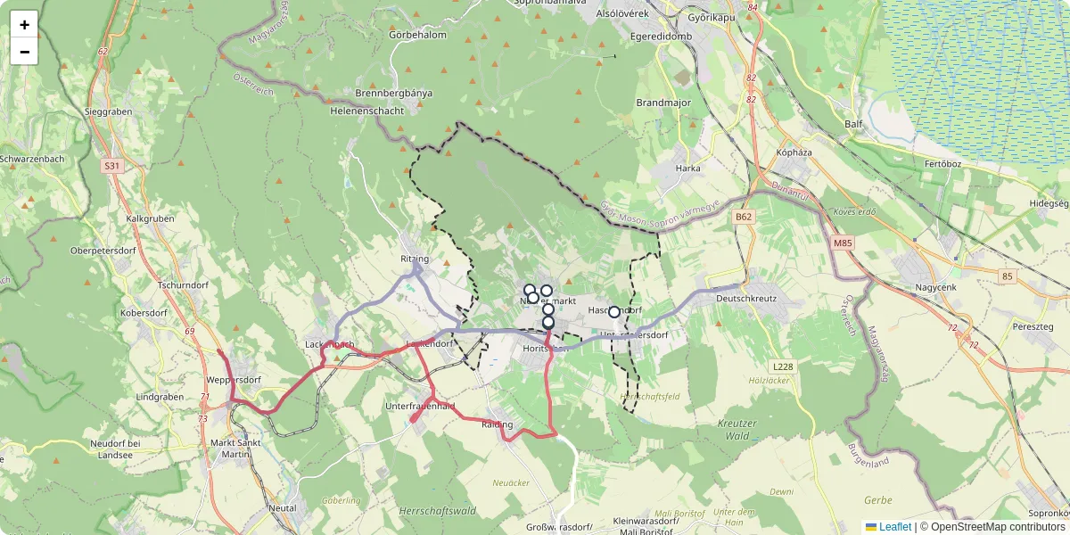 Nahverkehrsnetz in neckenmarkt, Österreich - Buslinien, Haltestellen und Verbindungen auf der Karte