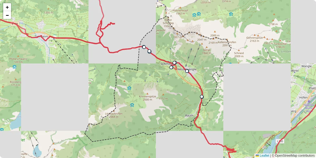 Nahverkehrsnetz in nesselwangle, Österreich - Buslinien, Haltestellen und Verbindungen auf der Karte