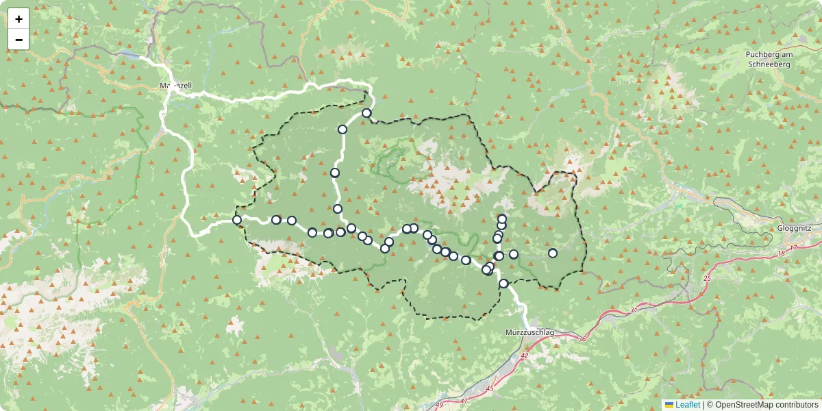 Nahverkehrsnetz in neuberg-an-der-murz, Österreich - Buslinien, Haltestellen und Verbindungen auf der Karte