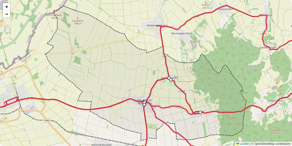 Nahverkehrsnetz in neudorf-im-weinviertel, Österreich - Buslinien, Haltestellen und Verbindungen auf der Karte