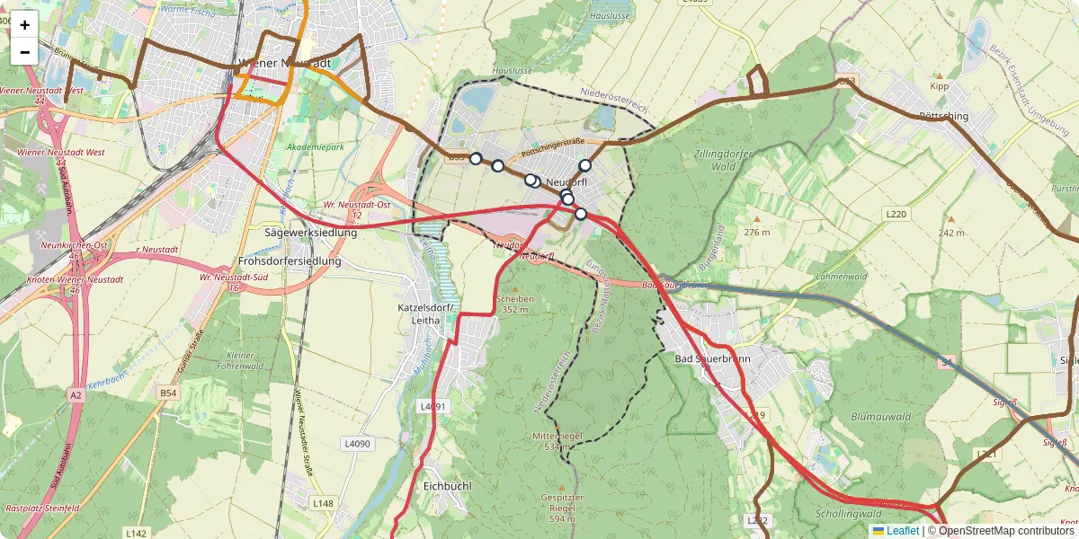 Nahverkehrsnetz in neudorfl, Österreich - Buslinien, Haltestellen und Verbindungen auf der Karte