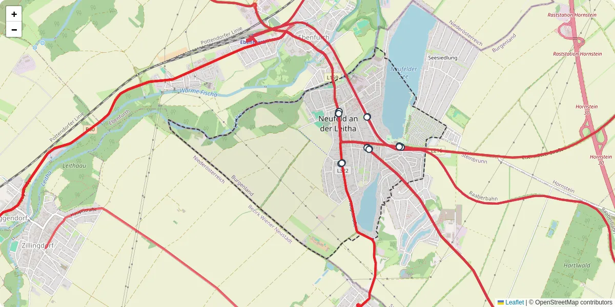 Nahverkehrsnetz in neufeld-an-der-leitha, Österreich - Buslinien, Haltestellen und Verbindungen auf der Karte