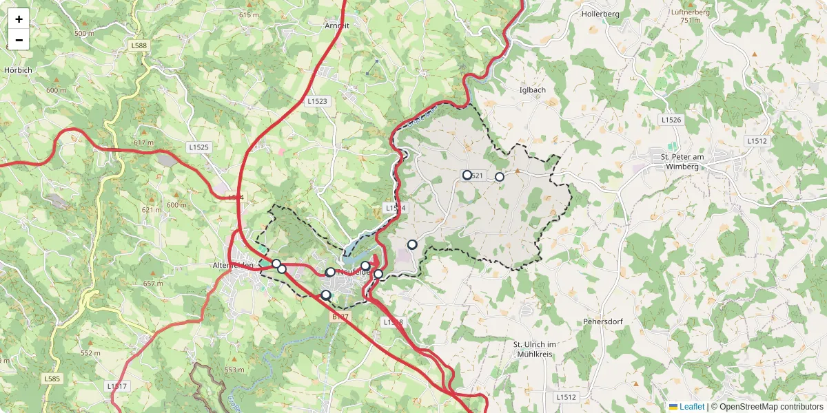 Nahverkehrsnetz in neufelden, Österreich - Buslinien, Haltestellen und Verbindungen auf der Karte