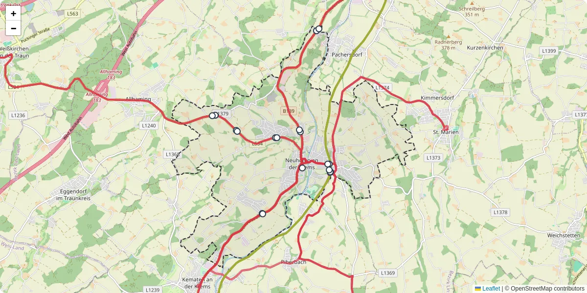 Nahverkehrsnetz in neuhofen-an-der-krems, Österreich - Buslinien, Haltestellen und Verbindungen auf der Karte