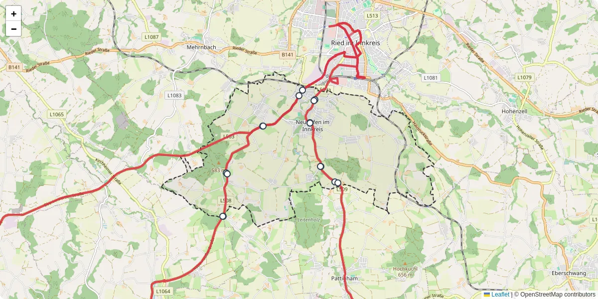 Nahverkehrsnetz in neuhofen-im-innkreis, Österreich - Buslinien, Haltestellen und Verbindungen auf der Karte