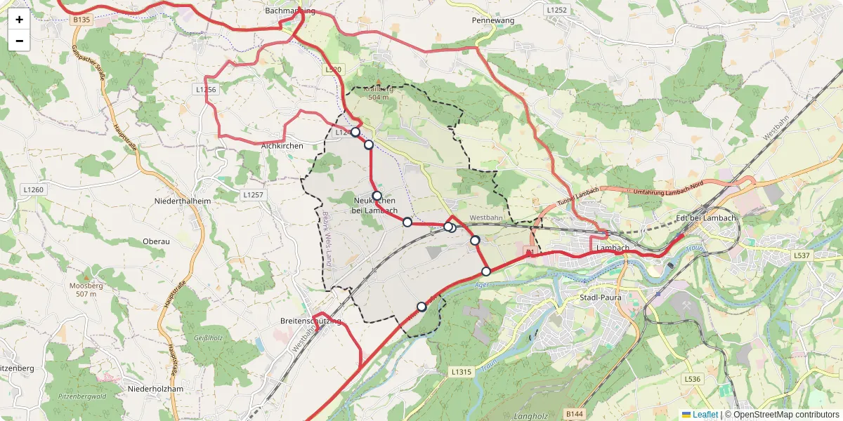 Nahverkehrsnetz in neukirchen-bei-lambach, Österreich - Buslinien, Haltestellen und Verbindungen auf der Karte