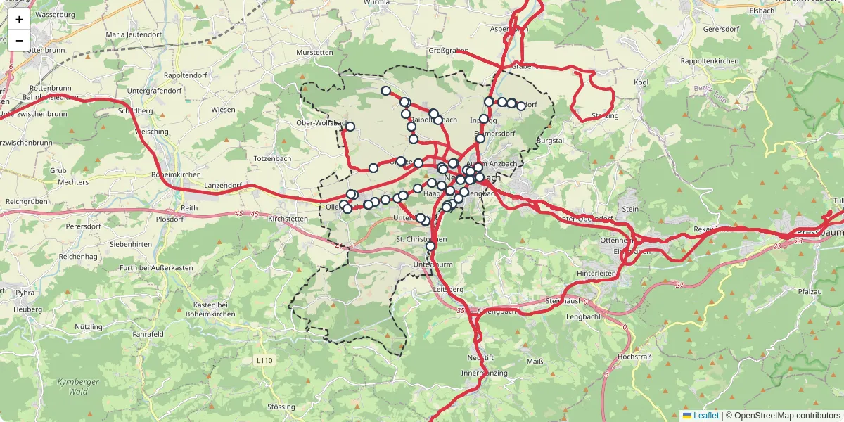 Nahverkehrsnetz in neulengbach, Österreich - Buslinien, Haltestellen und Verbindungen auf der Karte