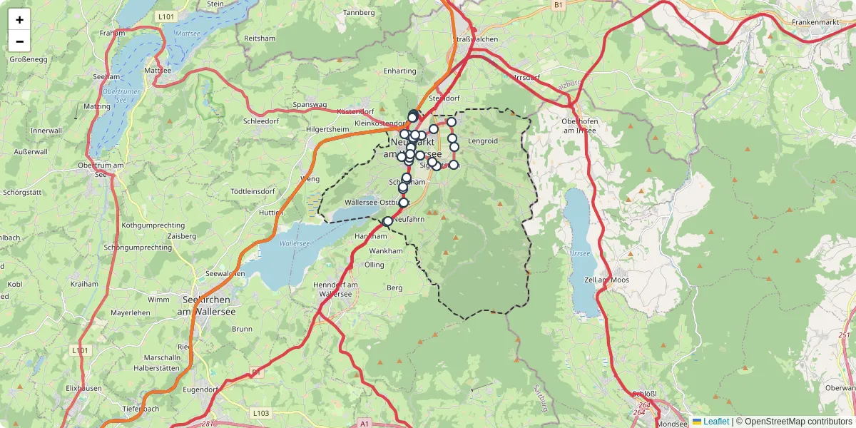 Nahverkehrsnetz in neumarkt-am-wallersee, Österreich - Buslinien, Haltestellen und Verbindungen auf der Karte
