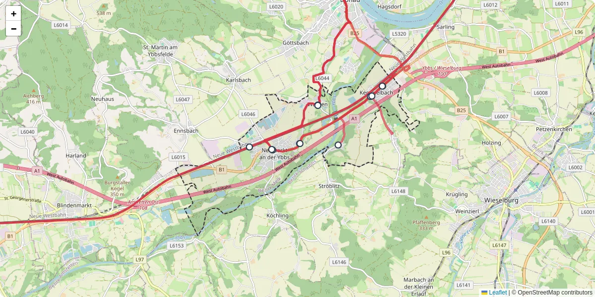 Nahverkehrsnetz in neumarkt-an-der-ybbs, Österreich - Buslinien, Haltestellen und Verbindungen auf der Karte