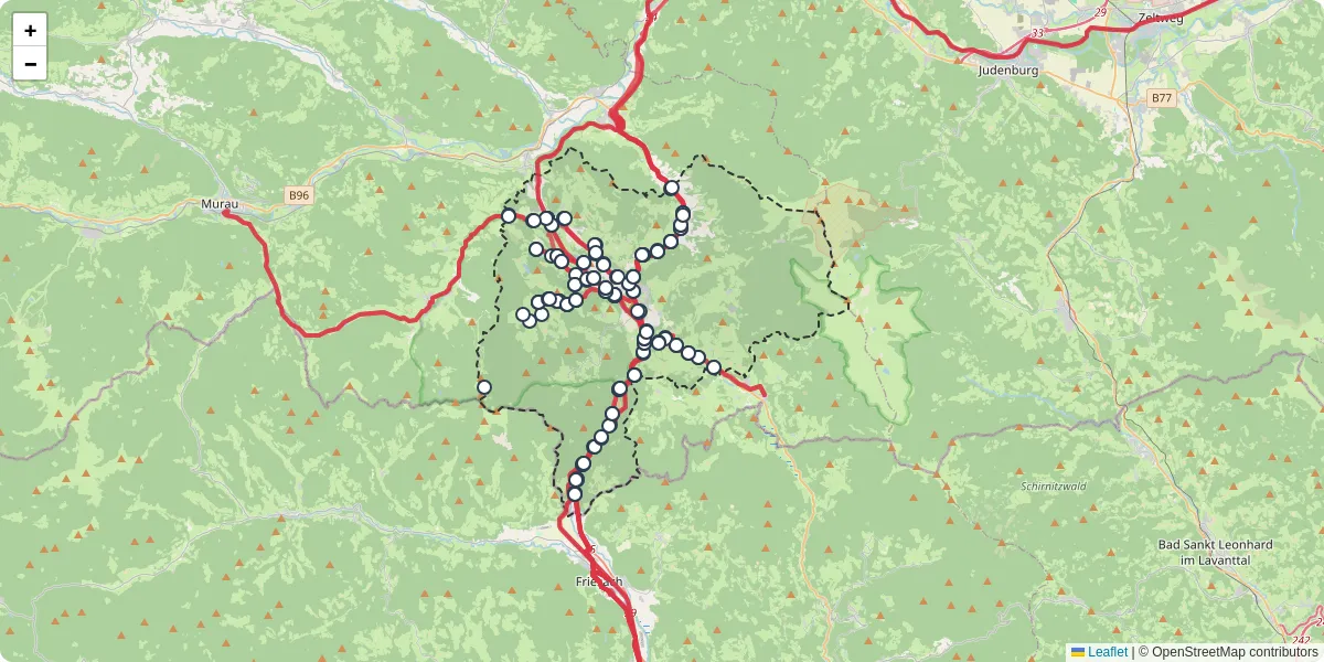 Nahverkehrsnetz in neumarkt-in-der-steiermark, Österreich - Buslinien, Haltestellen und Verbindungen auf der Karte