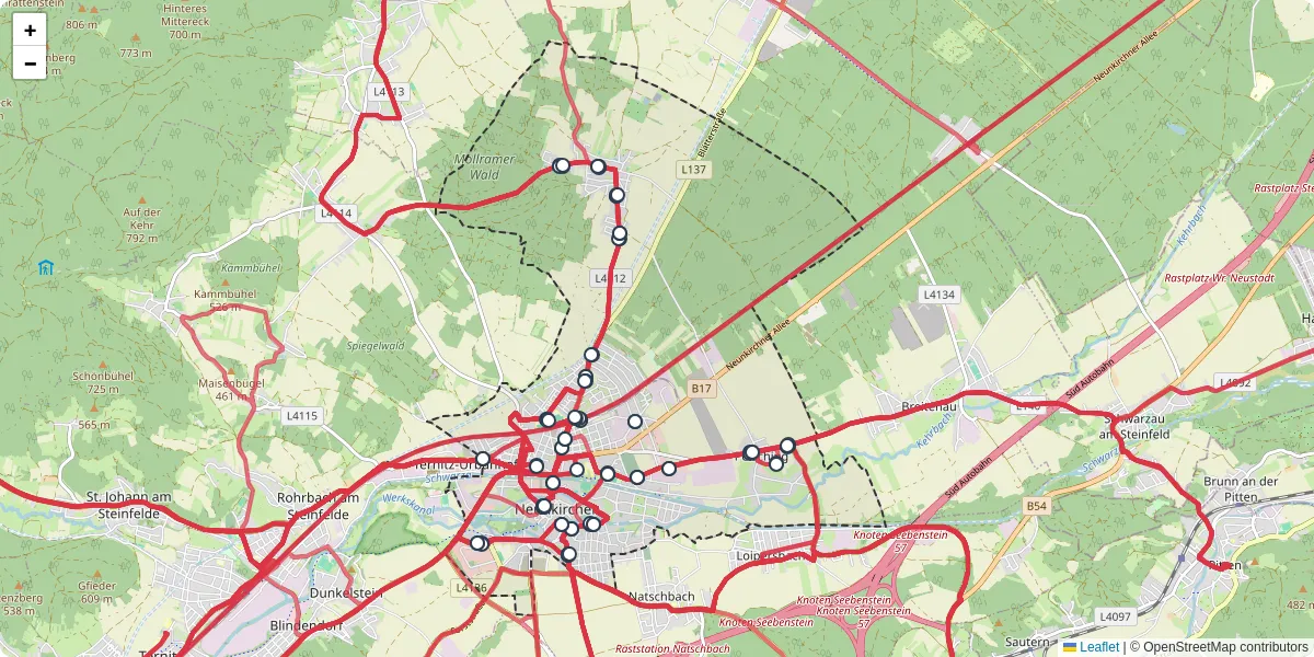 Nahverkehrsnetz in neunkirchen, Österreich - Buslinien, Haltestellen und Verbindungen auf der Karte