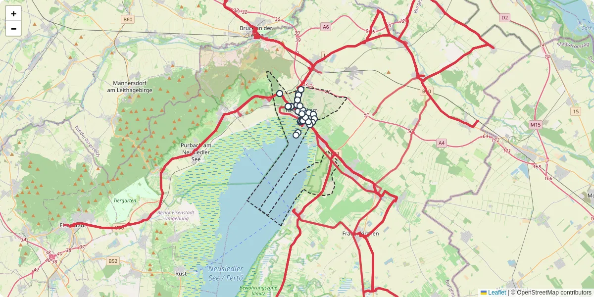 Nahverkehrsnetz in neusiedl-am-see, Österreich - Buslinien, Haltestellen und Verbindungen auf der Karte