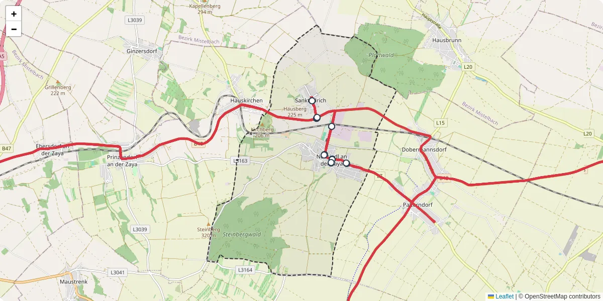 Nahverkehrsnetz in neusiedl-an-der-zaya, Österreich - Buslinien, Haltestellen und Verbindungen auf der Karte