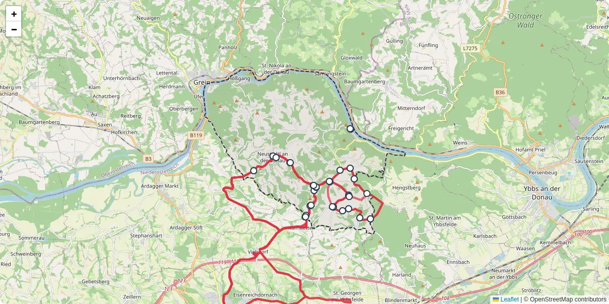 Nahverkehrsnetz in neustadtl-an-der-donau, Österreich - Buslinien, Haltestellen und Verbindungen auf der Karte