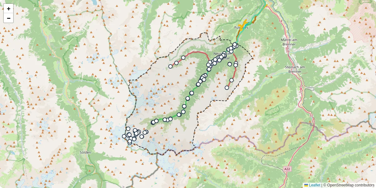Nahverkehrsnetz in neustift-im-stubaital, Österreich - Buslinien, Haltestellen und Verbindungen auf der Karte