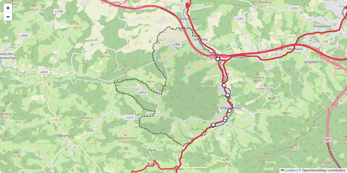 Nahverkehrsnetz in neustift-innermanzing, Österreich - Buslinien, Haltestellen und Verbindungen auf der Karte