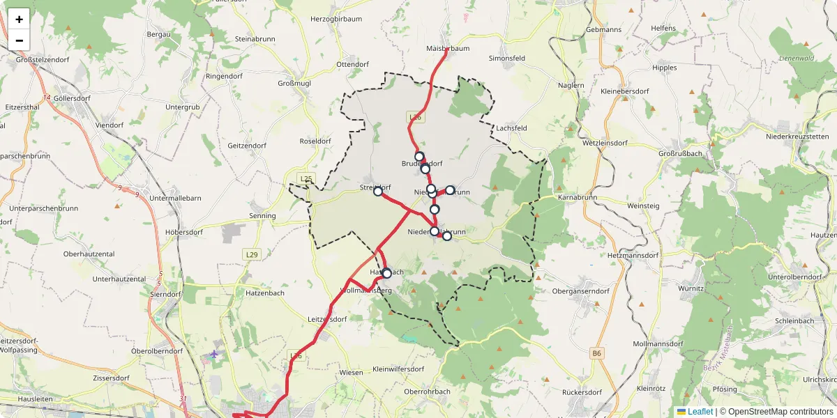 Nahverkehrsnetz in niederhollabrunn, Österreich - Buslinien, Haltestellen und Verbindungen auf der Karte