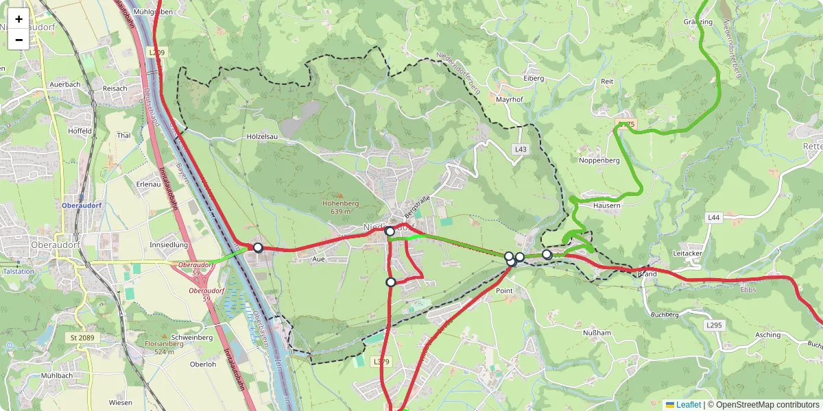 Nahverkehrsnetz in niederndorf, Österreich - Buslinien, Haltestellen und Verbindungen auf der Karte