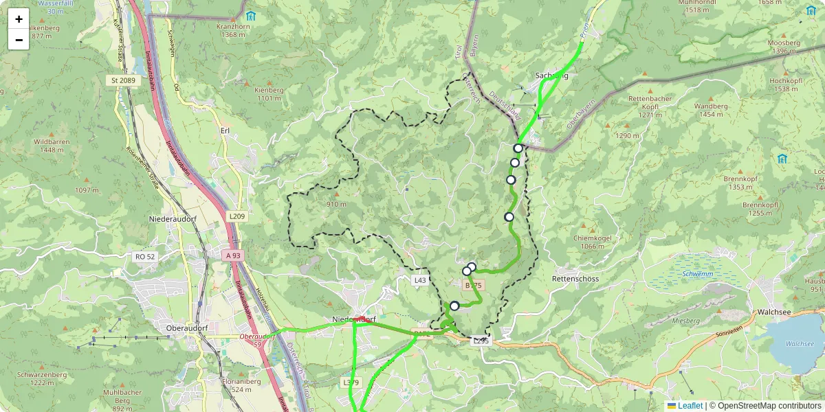 Nahverkehrsnetz in niederndorferberg, Österreich - Buslinien, Haltestellen und Verbindungen auf der Karte