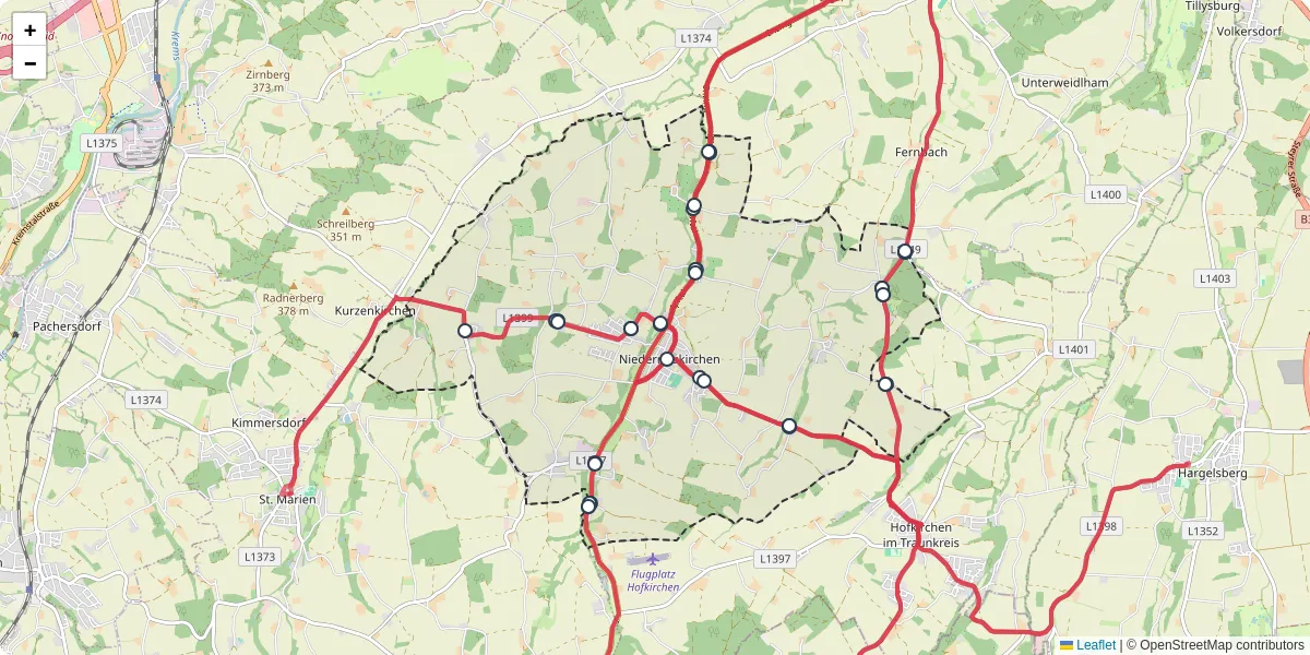 Nahverkehrsnetz in niederneukirchen, Österreich - Buslinien, Haltestellen und Verbindungen auf der Karte