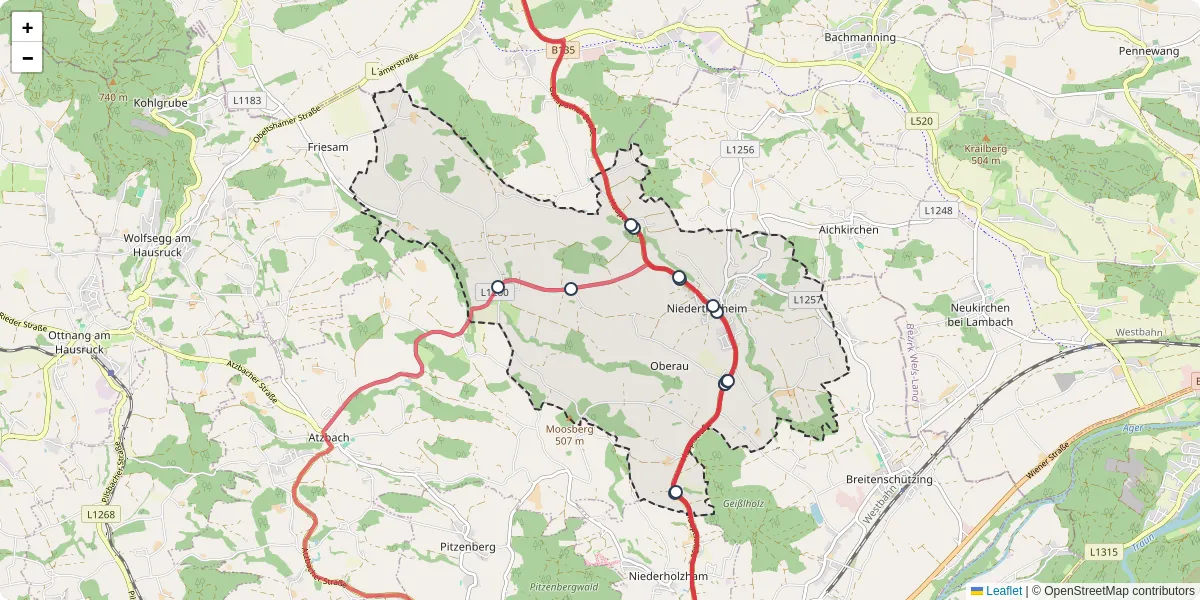 Nahverkehrsnetz in niederthalheim, Österreich - Buslinien, Haltestellen und Verbindungen auf der Karte