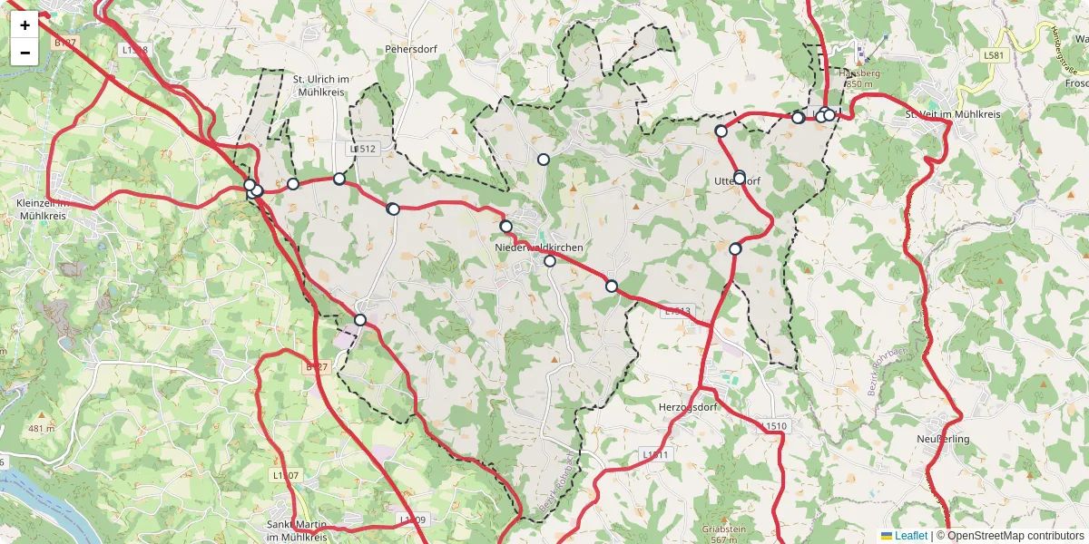 Nahverkehrsnetz in niederwaldkirchen, Österreich - Buslinien, Haltestellen und Verbindungen auf der Karte