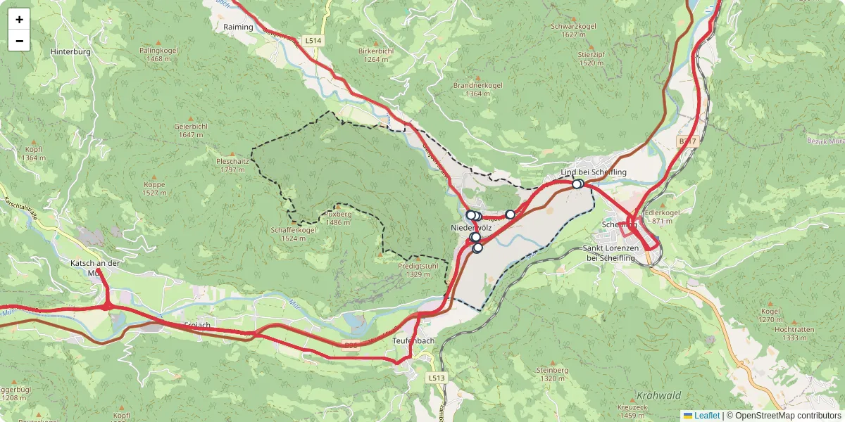 Nahverkehrsnetz in niederwolz, Österreich - Buslinien, Haltestellen und Verbindungen auf der Karte