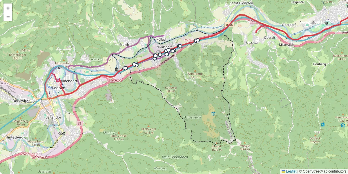 Nahverkehrsnetz in niklasdorf, Österreich - Buslinien, Haltestellen und Verbindungen auf der Karte