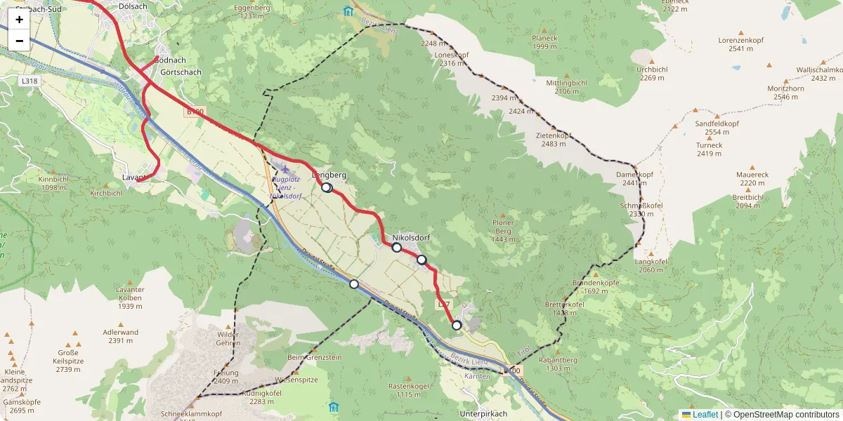 Nahverkehrsnetz in nikolsdorf, Österreich - Buslinien, Haltestellen und Verbindungen auf der Karte