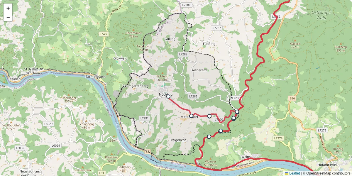 Nahverkehrsnetz in nochling, Österreich - Buslinien, Haltestellen und Verbindungen auf der Karte