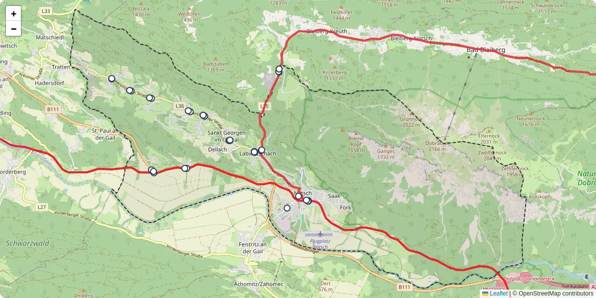 Nahverkehrsnetz in notsch-im-gailtal, Österreich - Buslinien, Haltestellen und Verbindungen auf der Karte