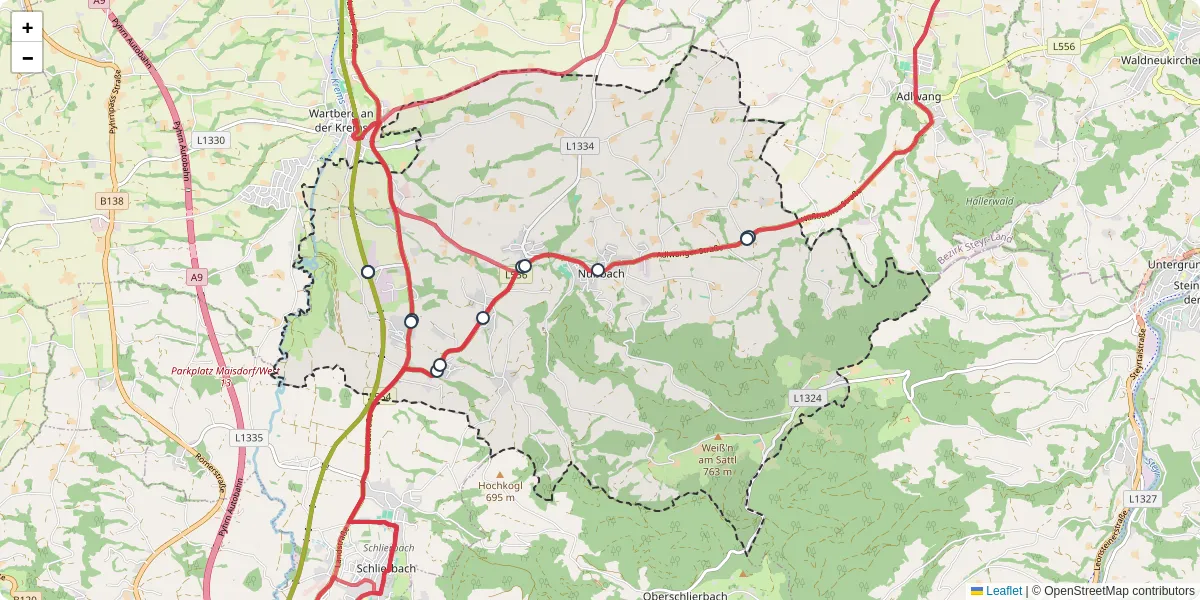 Nahverkehrsnetz in nubach, Österreich - Buslinien, Haltestellen und Verbindungen auf der Karte