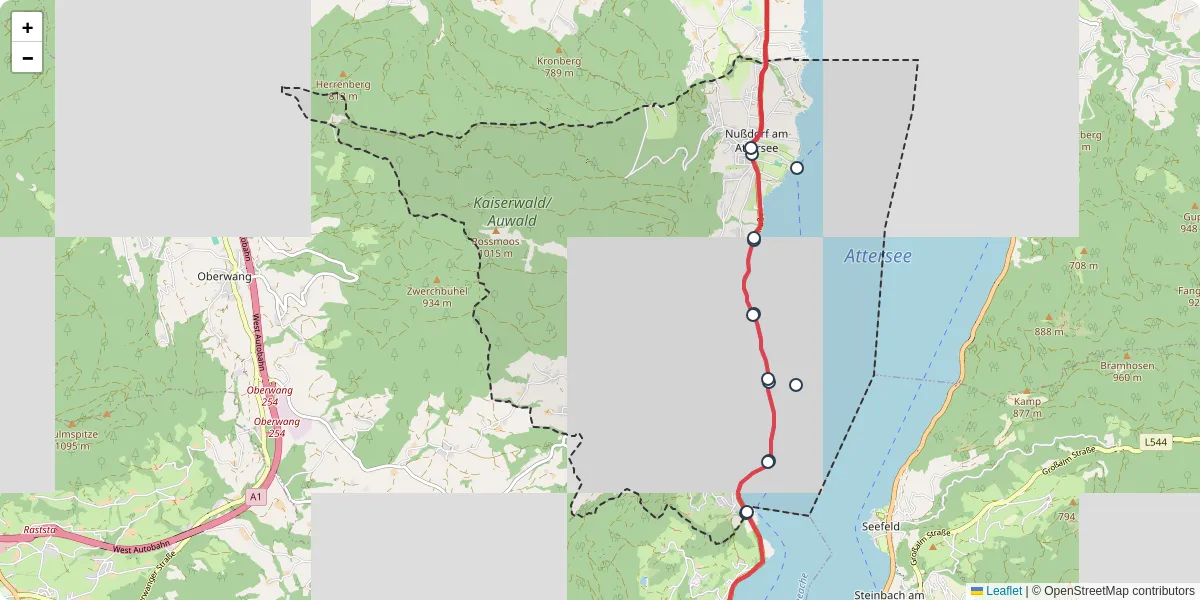 Nahverkehrsnetz in nudorf-am-attersee, Österreich - Buslinien, Haltestellen und Verbindungen auf der Karte