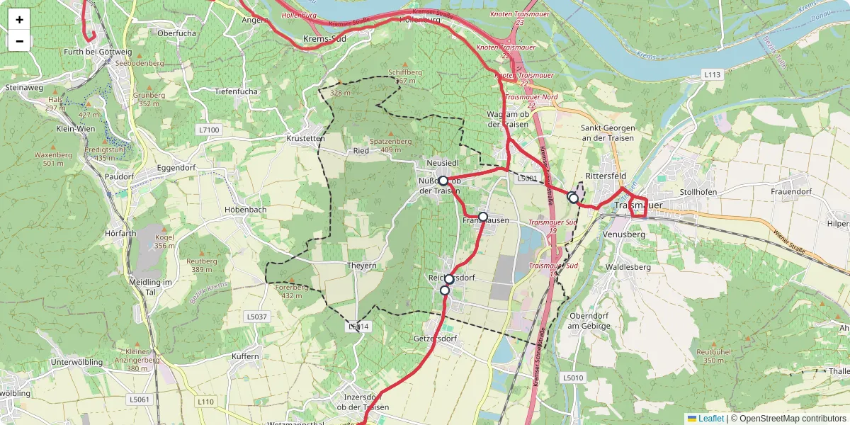 Nahverkehrsnetz in nudorf-ob-der-traisen, Österreich - Buslinien, Haltestellen und Verbindungen auf der Karte