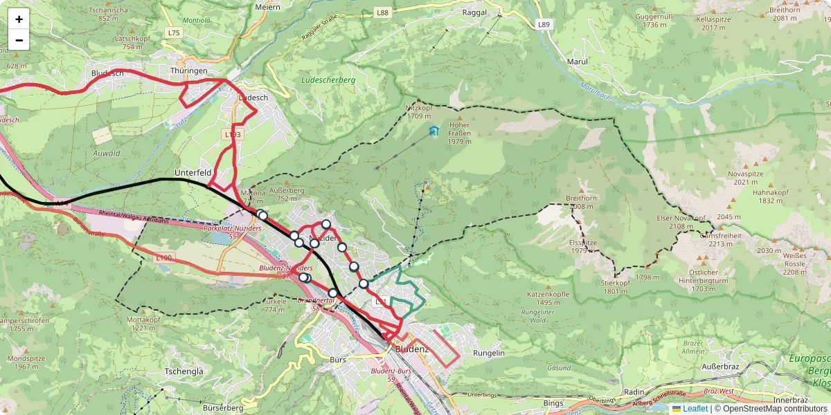 Nahverkehrsnetz in nuziders, Österreich - Buslinien, Haltestellen und Verbindungen auf der Karte