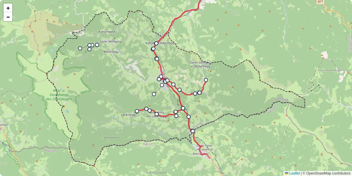 Nahverkehrsnetz in obdach, Österreich - Buslinien, Haltestellen und Verbindungen auf der Karte