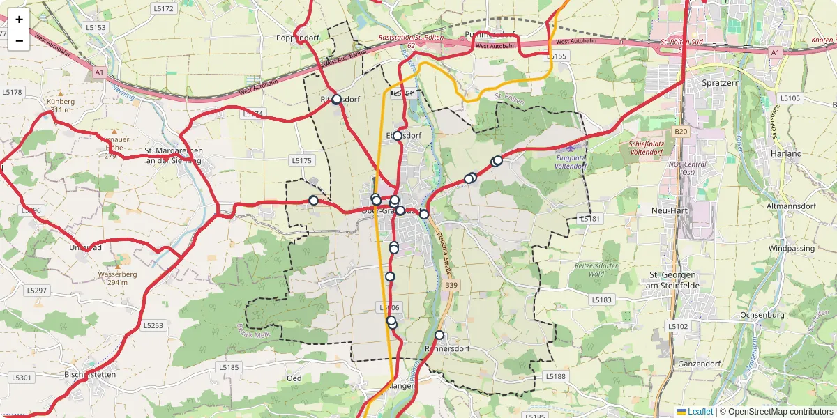 Nahverkehrsnetz in ober-grafendorf, Österreich - Buslinien, Haltestellen und Verbindungen auf der Karte