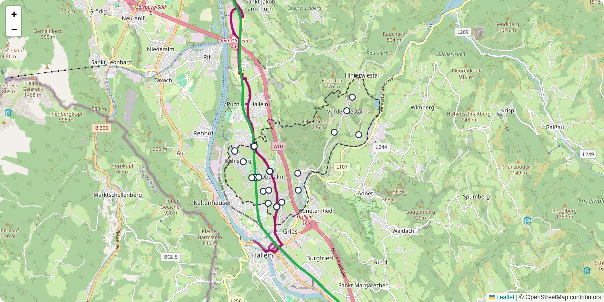 Nahverkehrsnetz in oberalm, Österreich - Buslinien, Haltestellen und Verbindungen auf der Karte