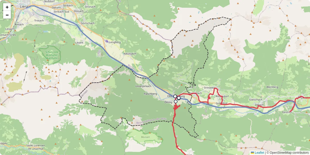 Nahverkehrsnetz in oberdrauburg, Österreich - Buslinien, Haltestellen und Verbindungen auf der Karte