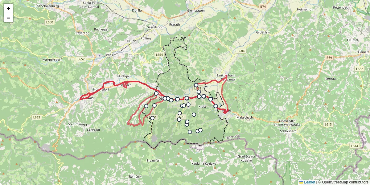Nahverkehrsnetz in oberhaag, Österreich - Buslinien, Haltestellen und Verbindungen auf der Karte