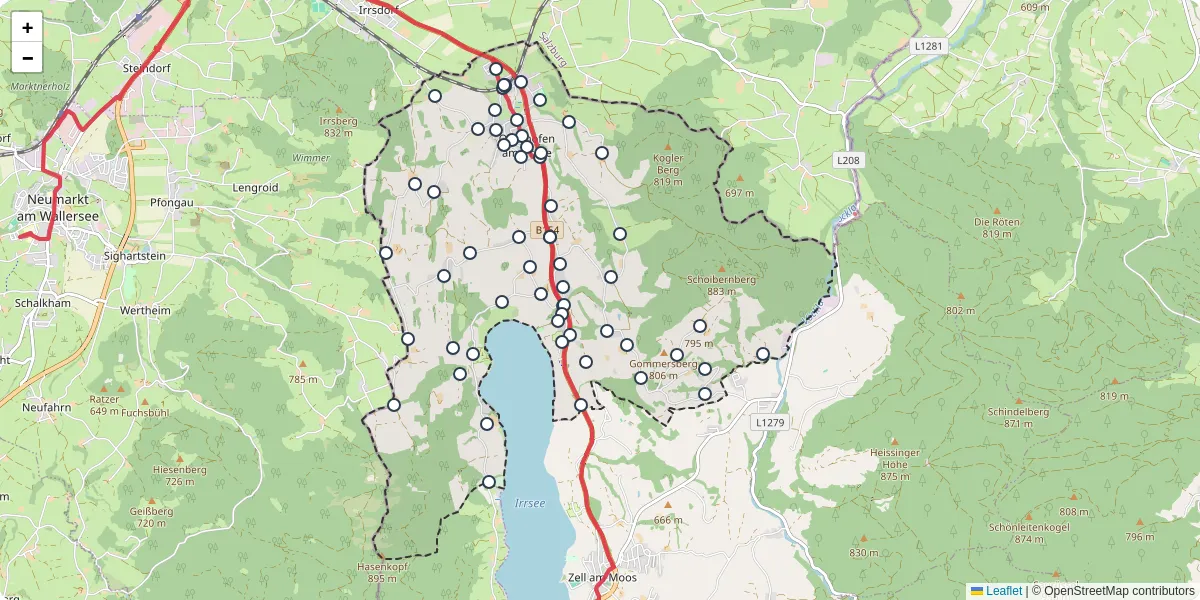 Nahverkehrsnetz in oberhofen-am-irrsee, Österreich - Buslinien, Haltestellen und Verbindungen auf der Karte