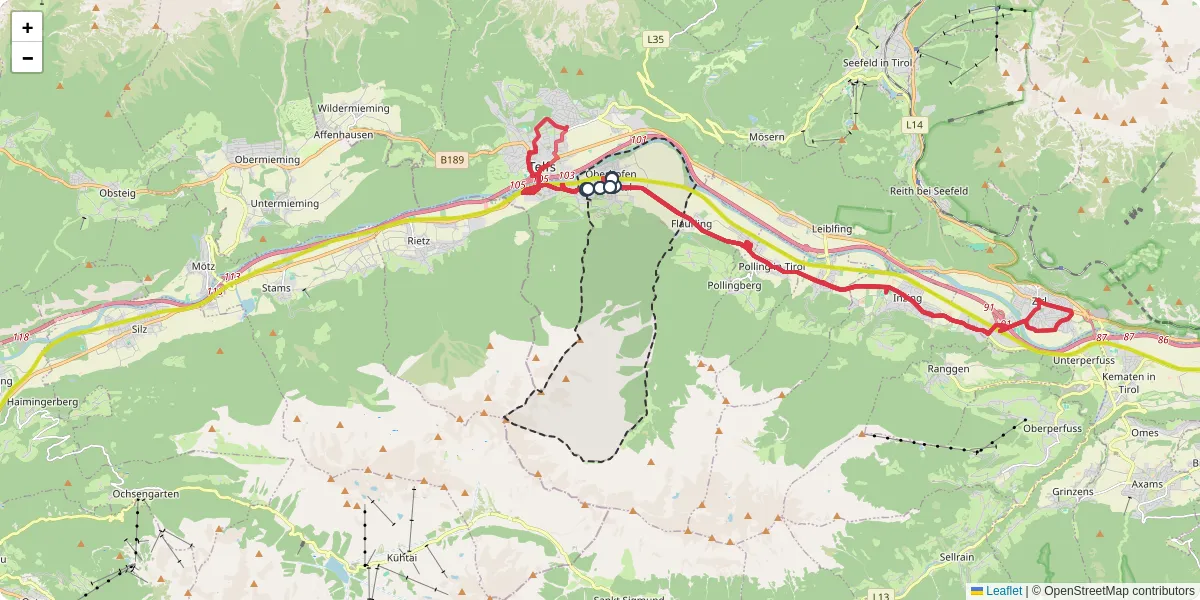 Nahverkehrsnetz in oberhofen-im-inntal, Österreich - Buslinien, Haltestellen und Verbindungen auf der Karte