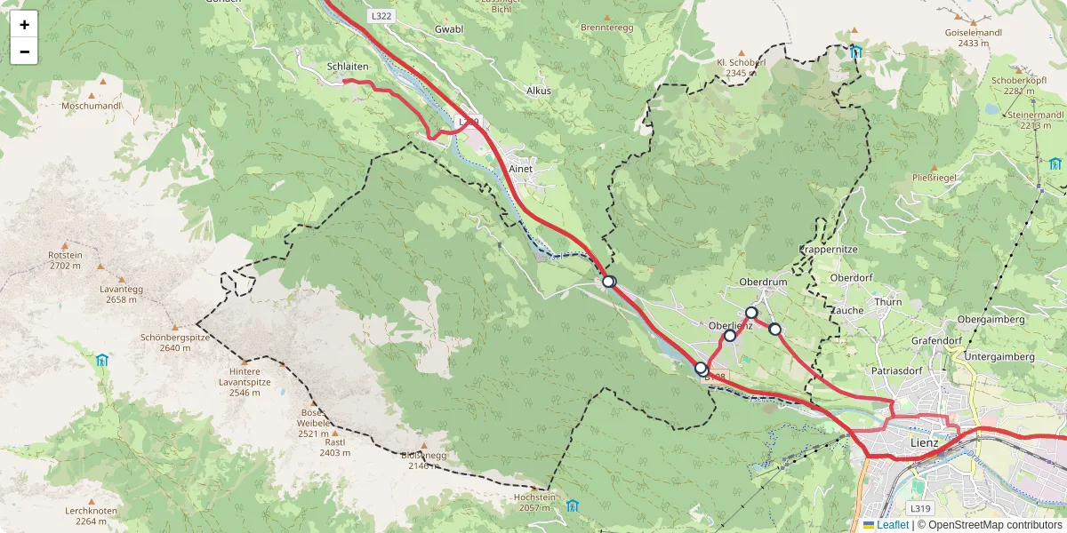 Nahverkehrsnetz in oberlienz, Österreich - Buslinien, Haltestellen und Verbindungen auf der Karte