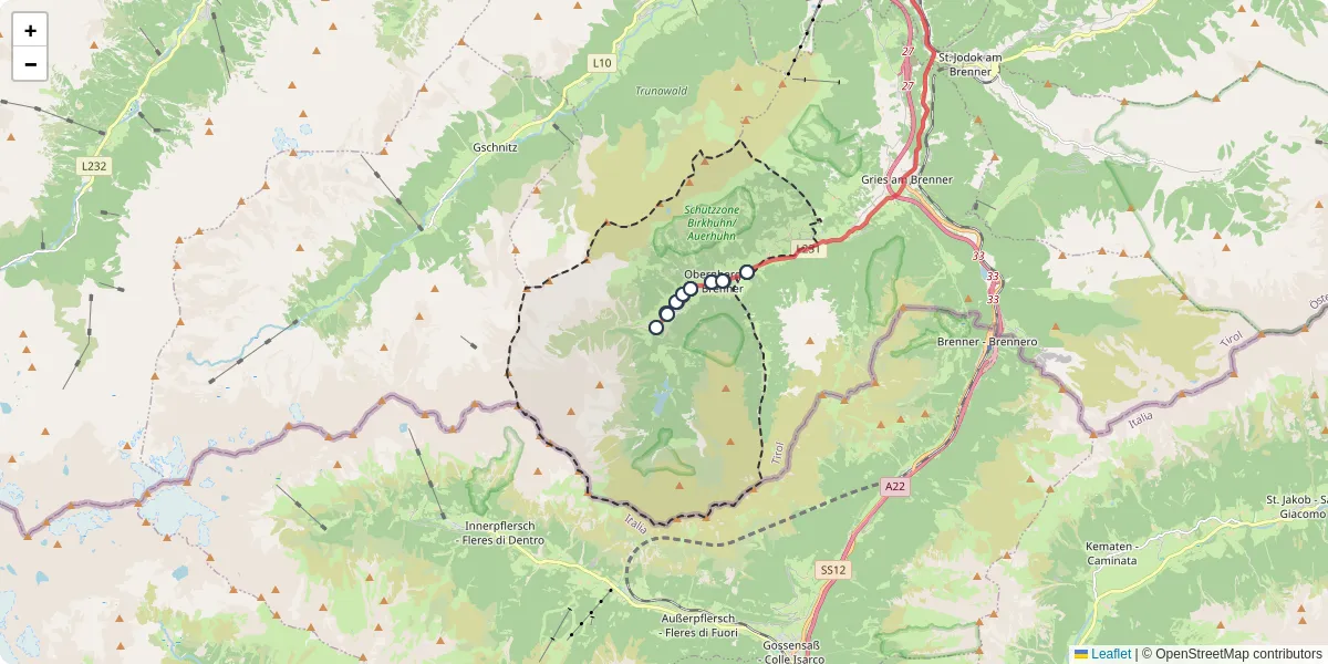 Nahverkehrsnetz in obernberg-am-brenner, Österreich - Buslinien, Haltestellen und Verbindungen auf der Karte